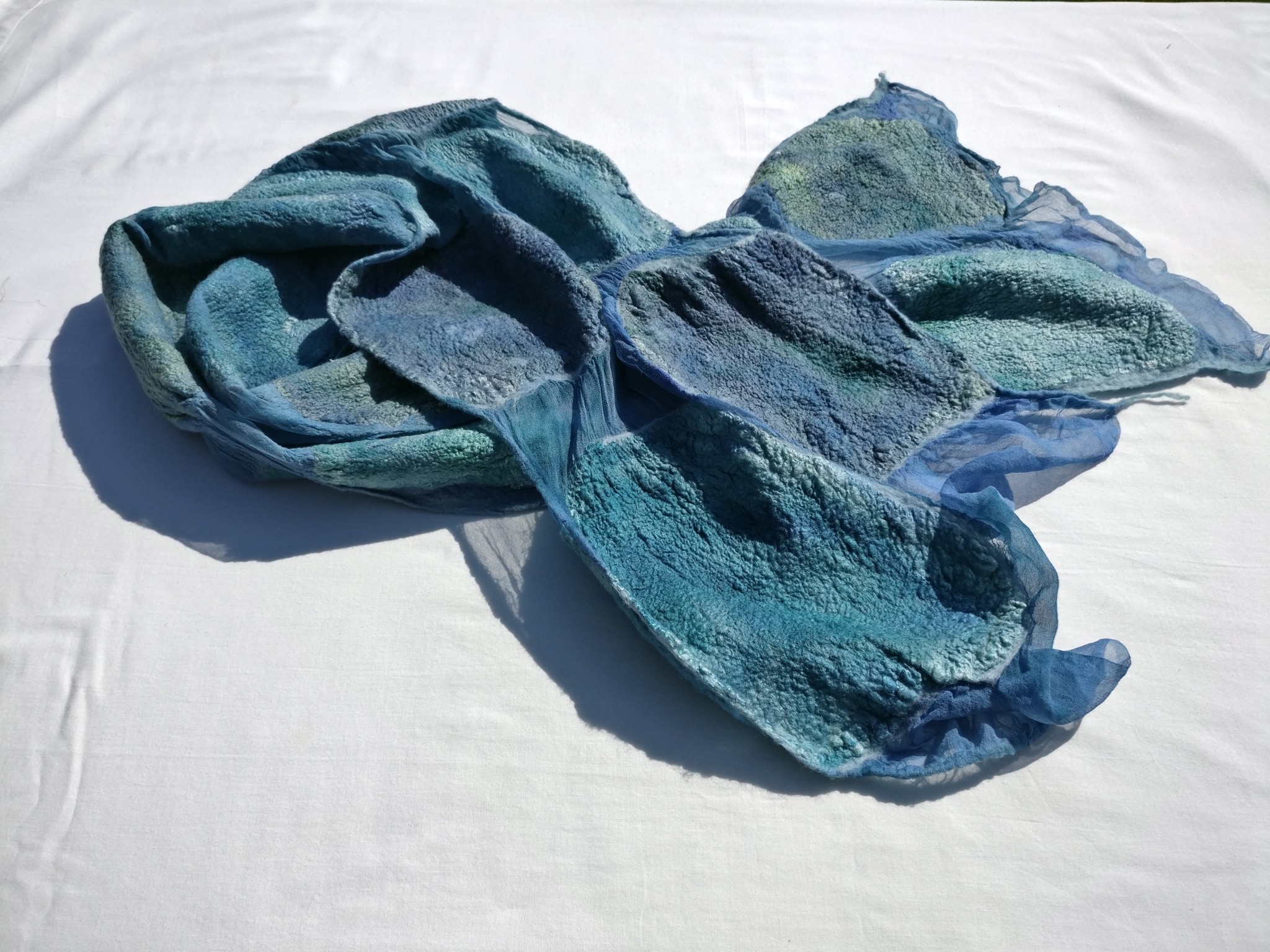 Big blue scarf  \\ Blue Nuno Felted scarf \\ Merino wool scarf\\ Silk scarf\\ Transparent scarf \\ Snow scarf \\ blue scarf